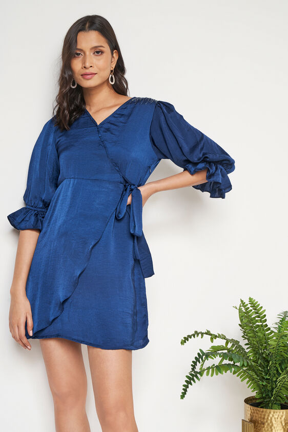 Blue Solid Embroidered Dress, Blue, image 2